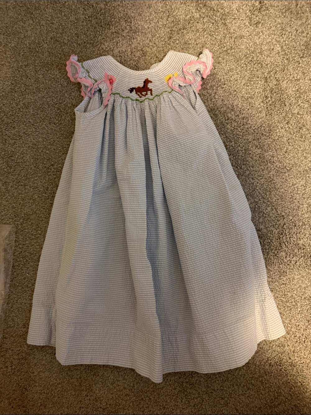 Light Blue Smocked Girls' Formal Dress with Pink Trim and Horse Embroidery